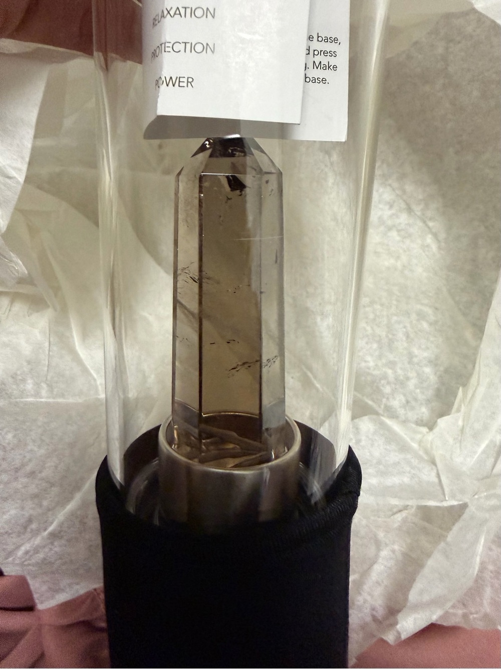 Anthropologie Clear Glass Bottle with Smoky Crystal Accent and Black Sleeve